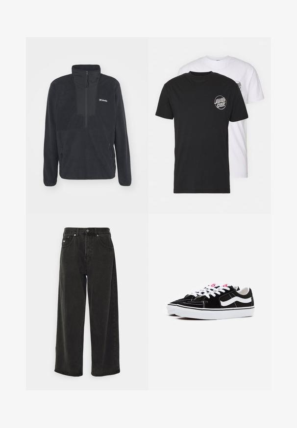 Sort fleece pullover med halvlukket krave, to sidelommer med lynlås og et logo på brystet. Har en glat tekstur og tætsiddende ærmer.; Pakke med to t-shirts: en sort og en hvid. Begge har korte ærmer og et cirkulært logo på brystet i kontrastfarve. Materialet er bomuld.; Obey Clothing BIGWIG BAGGY - Baggy jeans - black; Sorte ruskinds sneakers med hvide snørebånd, der har en fremtrædende hvid side-stribe og sort gummisål, som fremhæver kontrastsyninger.