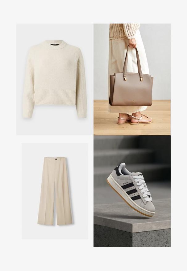 Pullover tricotat de un bej deschis, cu un tiv cu nervuri și un corp texturat. Are un gât rotund și mâneci lungi, cu o croială relaxată.; Pantaloni largi bej, cu o textură netedă, având închidere cu nasture în față și două buzunare laterale. Design ajustat și detaliu plisat în față.; Pantof sport gri Adidas Campus cu dungi negre și șireturi albe, plutind deasupra unei margini de beton, cu scări în fundal.; Geanta tote sintetică de culoare maronie, cu două mânere lungi, accente metalice pătrate și un logo subtil. Purtați cu o fustă crem deschis și sandale.