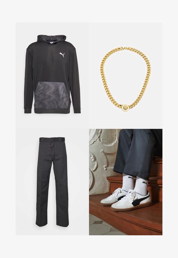 Puma CONCEPT HYPERWAVE HOODIE - Kapucnis pulóver - black/cool dark gray; Fekete nadrág tartós anyagból, egyenes szárú kivitelben, övhurkokkal ellátott derékkal és további textúrát adó varratokkal.; Fehér és fekete velúr Puma sportcipők, barna gumitalppal. Fehér zoknival párosítva, amely fekete logót visel, sötét nadrággal kombinálva.; Arany lánc nyaklánc nagy, egymásba fonódó gyűrűkkel, középen egy kiemelkedő emblémával ellátott kört alakító medállal.