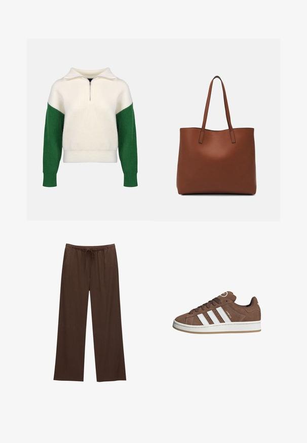 Pletena džemper s ovratnikom na četvrtini. Krem boja tijela s rebrastim zelenim rukavima. Mekana tekstura, opušteni kroj, kontrastne boje.; Smeđe široke hlače izrađene od mekanog materijala, s elastikom u struku i vezicom te dva bočna džepa.; Smeđe nubuk tenisice s bijelim kožnim prugama, gumeni potplat, okrugli nos i vezanje sprijeda. Imaju logo na jeziku i perforirane detalje.; Smeđa kožna torba preko ramena s glatkom teksturom, otvorenim vrhom i dvjema naramenicama. Ima minimalne šavove i nema vidljivog hardvera.