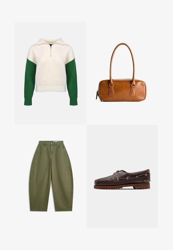 Pletený svetr s límcem na čtvrtinový zip. Krémová barva těla s ribovanými zelenými rukávy. Měkká textura, uvolněný střih, kontrastní barevné bloky.; Olivově zelené široké kalhoty z bavlny s vysokým pasem, předními kapsami a hladkou texturou. Bez ozdob nebo vzorů.; Hnědé kožené lodní boty se zlatými očky, kulatými tkaničkami a texturovanou hnědou gumovou podrážkou. Obsahují zašitý detail a vyvýšené logo.; Hnědá kožená kabelka s dvěma dlouhými uchy, obdélníkového tvaru, hladkého povrchu, zipovým uzávěrem a akcenty z stříbrného tónu.