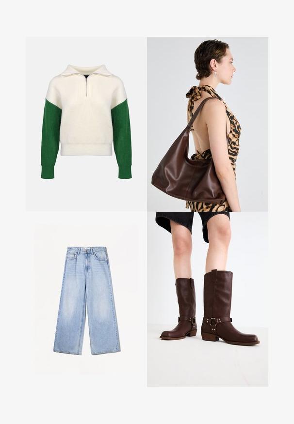 Knit sweater with a quarter-zip collar. Cream body with ribbed green sleeves. Soft texture, relaxed fit, contrasting color blocks.; Bershka WIDE-LEG - Wide Leg - light-blue denim; Brown leather knee-high boots with a rounded toe, textured surface, ankle strap, and silver hardware detail; stacked heel.; Brown leather hobo bag with a smooth texture, curved shape, and a single shoulder strap, displayed against a neutral background.