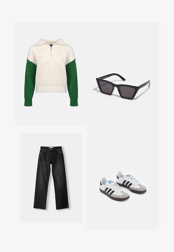 Gebreide trui met een kwart-rits kraag. Crèmekleurig lijf met geribbelde groene mouwen. Zachte textuur, losse pasvorm, contrasterende kleurvakken.; Bershka Straight leg jeans - mottled dark grey; Sportschoenen met een witte leren bovenkant, grijze suède neus en drie zwarte strepen. Bevat een blauw logo op de tong en een gestructureerde rubberen zool.; Zwarte, hoekige zonnebril met grijze lenzen; gemaakt van plastic, met dikke armen met een gladde oppervlakte en zonder zichtbare hardware.