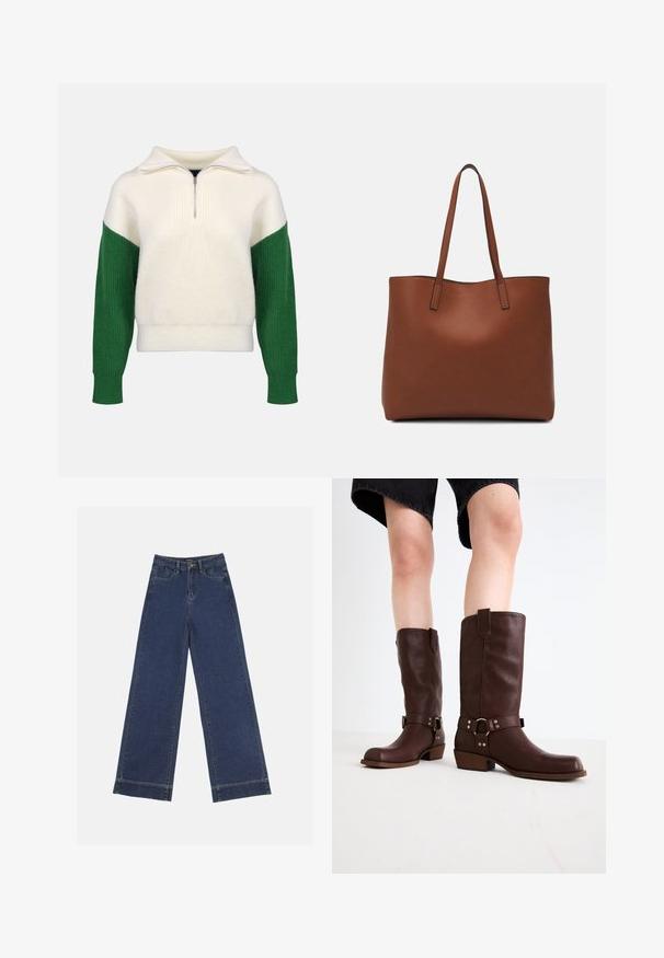 Knit sweater with a quarter-zip collar. Cream body with ribbed green sleeves. Soft texture, relaxed fit, contrasting color blocks.; Wide-leg jeans in dark blue denim. Features five pockets, belt loops, and a raw hem at the bottom with visible stitching details.; Brown leather knee-high boots with a rounded toe, textured surface, ankle strap, and silver hardware detail; stacked heel.; Brown leather tote bag with a smooth texture, open top design, and two shoulder straps. Features minimal stitching and no visible hardware.