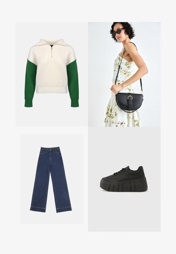 Knit sweater with a quarter-zip collar. Cream body with ribbed green sleeves. Soft texture, relaxed fit, contrasting color blocks.; Wide-leg jeans in dark blue denim. Features five pockets, belt loops, and a raw hem at the bottom with visible stitching details.; Black platform sneakers with a smooth synthetic upper, rounded toe, lace-up design, and a thick, ridged sole for added height.; Black leather handbag with a curved shape, detachable strap, and gold hardware. The bag features a flap with a buckle detail.