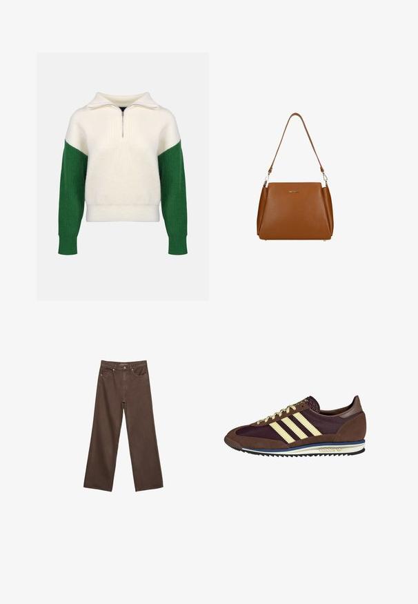 Sweter wełniany z kołnierzem na ćwierć zamka. Kremowy korpus z prążkowanymi zielonymi rękawami. Miękka tekstura, luźny krój, kontrastowe bloki kolorów.; Szerokie brązowe dżinsy wykonane z denimu, z wysokim stanem, przednimi kieszeniami i klasycznym zapięciem na guzik. Gładka faktura z subtelnym przeszyciem.; Brązowe i burgundowe sneakersy wykonane z zamszu i siateczkowych materiałów, z trzema kremowymi paskami, teksturowanym materiałem na języku i gumową podeszwą.; Brązowa skórzana torebka z teksturowaną powierzchnią, z pojedynczym paskiem na ramię i subtelnym logo z przodu. Charakteryzuje się usztywnioną konstrukcją.
