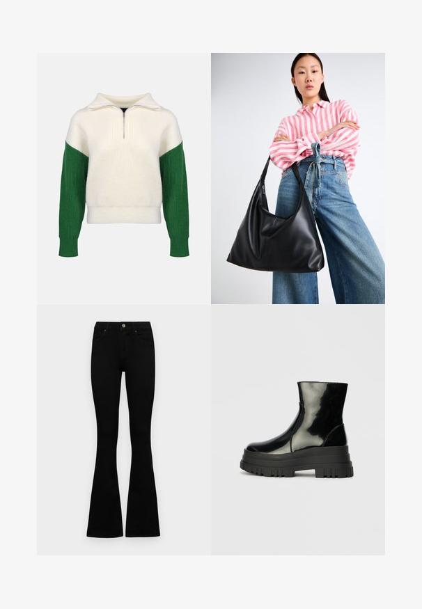 Kootud sviiter neljanda tõmbluku kraega. Kreemivärvi keha ja rohelised soonikkoes varrukad. Pehme tekstuur, mugav lõige, kontrastsed värviplokid.; Mustad kõrge vöökohtadega teksad, millel on nööp ja lukuga sulgemine, esikäe taskud ja laienevad sääred, asetatud tasasele valgele taustale.; Must mustakate läikiv ankle boot paksu lõkkeka üle ja ümarate varvastega, külgvaates halli ühtlase taustal.; Must musta õlakott lahtise kuju ja õmbluse detailidega. Mudel kannab roosa ja valge triibulist särki koos laia jalgadega siniste teksadega.