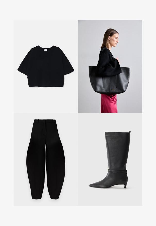Pulover scurt negru dintr-un material moale, cu guler rotund și mâneci scurte, largi, având un design simplu și minimalist.; Pantaloni negri cu croi larg, talie înaltă, cu pliuri în față și glezne conice. Realizați dintr-un material neted cu un finisaj mat.; Botă din piele neagră, până la genunchi, cu vârf ascuțit, accentuată de o curea circulară în jurul gleznei și un toc jos, îngustat. Textură netedă.; Geantă tote din piele neagră cu un finisaj texturat, având două linii verticale, bretele duble pentru umăr și un design minimalist.