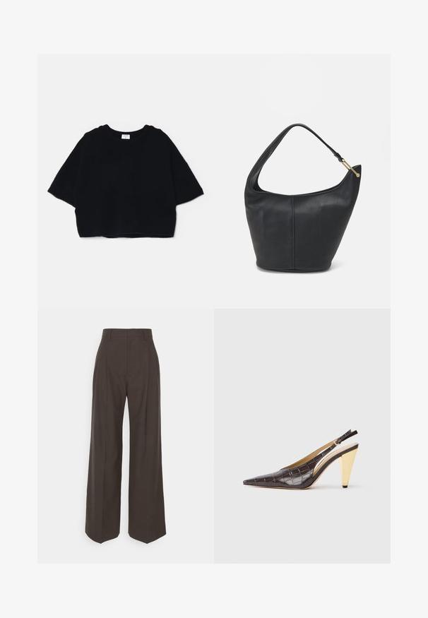 Svart kort genser laget av myk stoff, med rund hals og korte, brede ermer, med et enkelt, minimalistisk design.; Mørkebrun vidde bukser med høy midje, utstyrt med pent pressede folder, glatt tekstur og skreddersydd passform.; Spenne-punktet hæl i mørkebrun, blank faux krokodillelær. Har en gullfarge geometrisk hæl og justerbar ankelstropp.; Svart lærveske med en rund form, bred stropp og strukturert overflate. Har en subtil sømdetalj og gullfarget beslag.