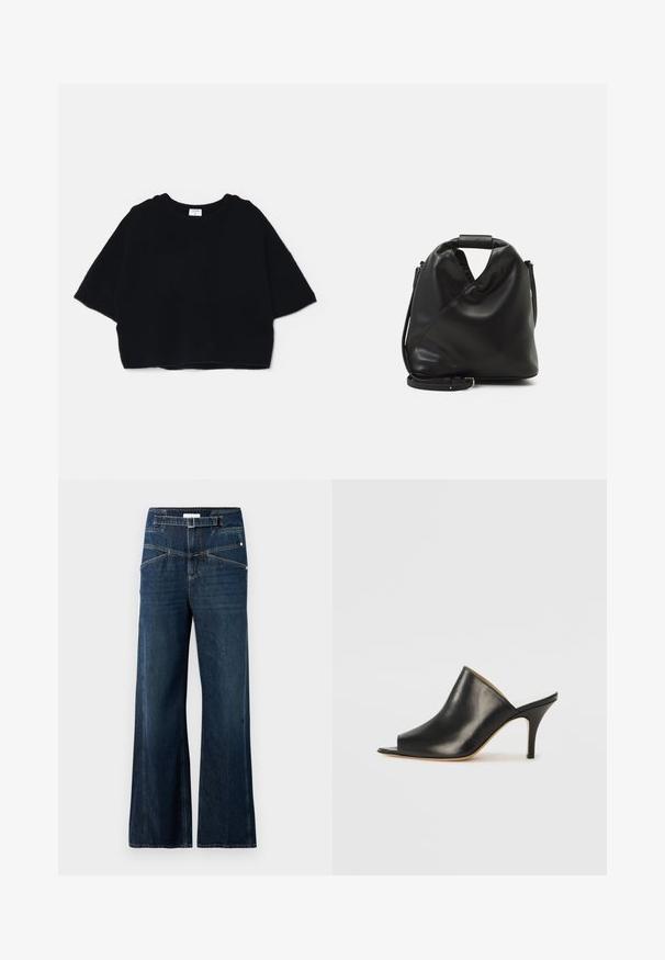 Juodas trumpas megztinis, pagamintas iš minkštos medžiagos, su apvalia iškirpte ir trumpomis, plačiomis rankovėmis, minimalistinio dizaino.; Plačios džinsinės kelnės iš tamsiai mėlyno džinsinio audinio, turinčios aukštą juosmenį, dvi priekinės kišenės ir kontrastingo siuvimo detales.; Juodas odinis atviras mules batelis su elegantišku, kreiviu dizainu, aukštu stiletto kulnu ir lygiu paviršiumi. Vidus turi kontrastingą šviesią spalvą.; Juodas, minkštas odinis krepšys su unikaliu išsuktiniu dizainu. Yra trumpas rankenas ir nuimamas peties diržas. Minimalistinis stilius.