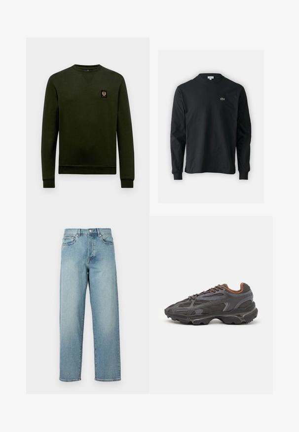 Belstaff BELSTAFF - Športni pulover - grün; Črna dolgi rokavi majica iz bombaža, z okroglim ovratnikom in majhnim zelenim vezenim logotipom krokodila na levem prsnem delu.; Svetlo modri jeans z ohlapnim krojem, ravnimi hlačnicami, petimi žepi in gumbom za zapiranje pri pasu. Minimalistični detajli šivanja.; Lacoste teniske v temno sivi barvi z mrežasto in sintetično prevleko, s teksturiranim podplatom in rjavimi detajli na ovratniku ter blagovni znamki.