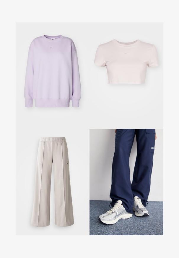 Světle fialová mikina Nike s kulatým výstřihem, dlouhými rukávy, žebrovanými manžetami a spodním lemem, a malým bílým logem Nike swoosh umístěným na hrudi.; Zkrácený tričko v světle růžové barvě, vyrobené z jemné tkaniny. Má kulatý výstřih a krátké rukávy se malým bílým logem Nike na hrudi.; Světlé šedé široké kalhoty vyrobené z hladké látky. Mají elastický pas a černé logo Nike na levé straně.; Tenisky Nike s vrchní částí ze stříbrné síťoviny, bílými akcenty a texturovanou podrážkou, doplněné o volné námořnické kalhoty.