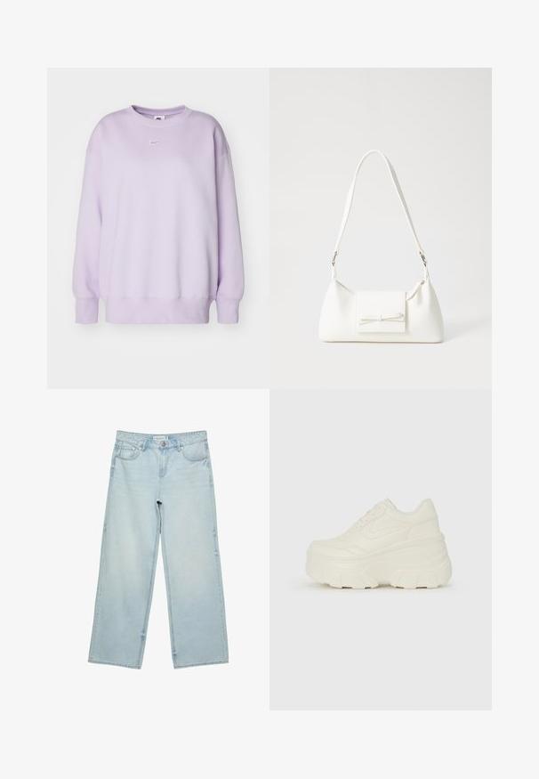 Felpa Nike di colore viola chiaro con collo rotondo, maniche lunghe, polsini e orlo a coste, e piccolo logo a forma di swoosh bianco centrato sul petto.; Jeans a gamba larga di un blu chiaro in denim, con vita alta, cinque tasche e un leggero sbiadimento. Taglio dritto con bordi orlati.; Sneakers bianchi con piattaforma, caratterizzati da una parte superiore simile alla pelle liscia, forma arrotondata, collo imbottito e suola in gomma testurizzata con scanalature ben definite.; Borsa sintetica bianca a forma triangolare, con patta anteriore piatta e dettaglio a fiocco, tracolla regolabile, texture liscia e design minimalista.
