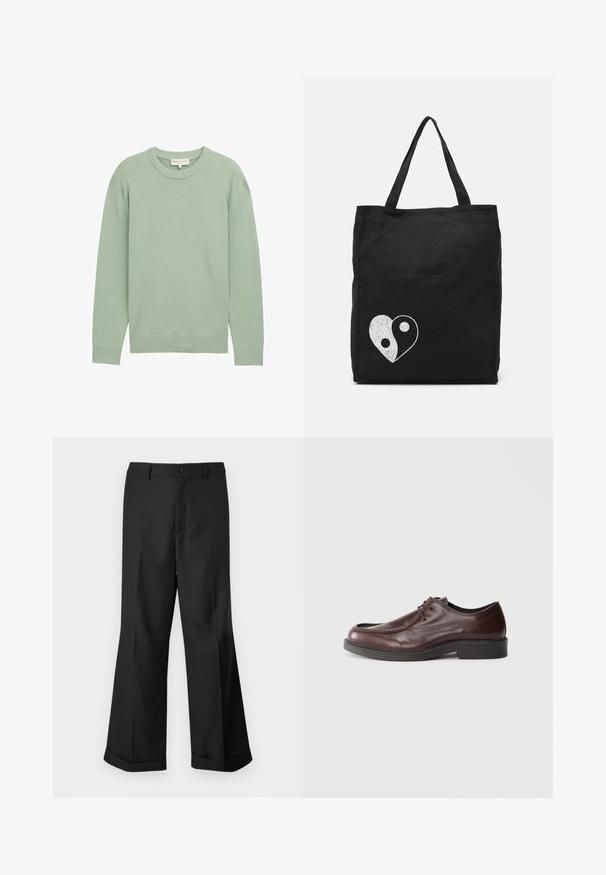 Gaiši zaļš, garām piedurknēm džemperis ar apaļu kakla izgriezumu un ribota apakšmala un piedurknes, attēlots uz vienkārša fona.; Melni plaši bikses ar pogājam jostu un apakšdaļu ar aprocēm, izliktas uz vienkārša balta fona.; Brūni ādas kleitu apavi ar noapaļotu purngalu, minimāliem šuvju akcentiem un izturīgu melnu zoli. Aprīkoti ar aukliņu aizdari un gludu tekstūru.; Melnā auduma soma, kurai ir balts yin-yang sirds dizains. Divas izturīgas rokas vieglai nēsāšanai. Vienkāršs taisnstūrveida dizains.