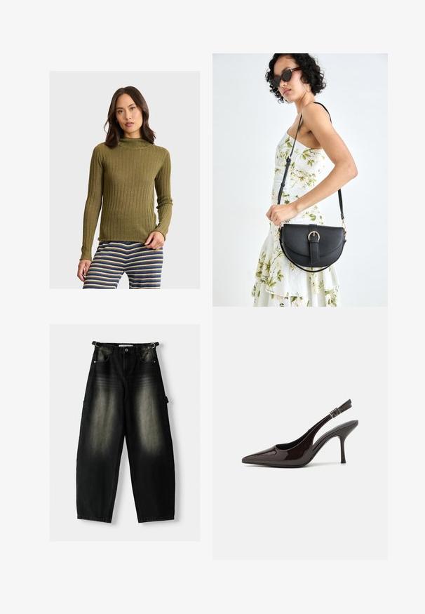 Zielono-oliwkowy sweter w prążki z półgolfem, długimi rękawami i dopasowanym krojem. Ciekawa tekstura z pionowymi liniami i subtelnym połyskiem.; Luźne czarne dżinsy z wyblakłą fakturą, pięcioma kieszeniami i pętlą w pasie. Design wyróżnia się luźnym krojem i prostymi nogawkami.; Sandały na obcasie typu slingback z błyszczącej ciemno-brązowej lakierowanej skóry, w szpic, z otwartymi bokami i regulowanym paskiem wokół kostki.; Czarna skórzana torebka o zakrzywionym kształcie, z odpinanym paskiem i złotymi akcentami. Torebka posiada klapę z zapięciem w kształcie klamry.