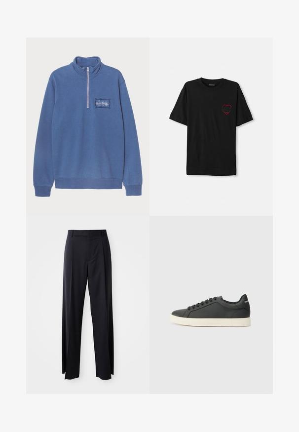 Plavi dukserica sa visokim ovratnikom i polu-rajserom. Izvezeni detalj s logotipom na lijevoj strani prsnog koša, a rebrasti manžetni i donji rub. Mekana pamučna mješavina.; Crna pamučna majica kratkih rukava s crvenim izvezenim dizajnom srca na lijevoj strani prsnog dijela. Klasičan okrugli izrez, opušteni kroj.; Crne, hlače visokog struka s širokim nogavicama, izrađene od glatkog materijala. Sadrže prednje nabore i petlje za remen. Minimalistički dizajn, bez vidljivih metalnih dijelova.; Crna kožna tenisica s niskim profilom, zaobljenim prstima i vezanjem; ima teksturiranu gumenu potplatu i detalj s logotipom na peti.