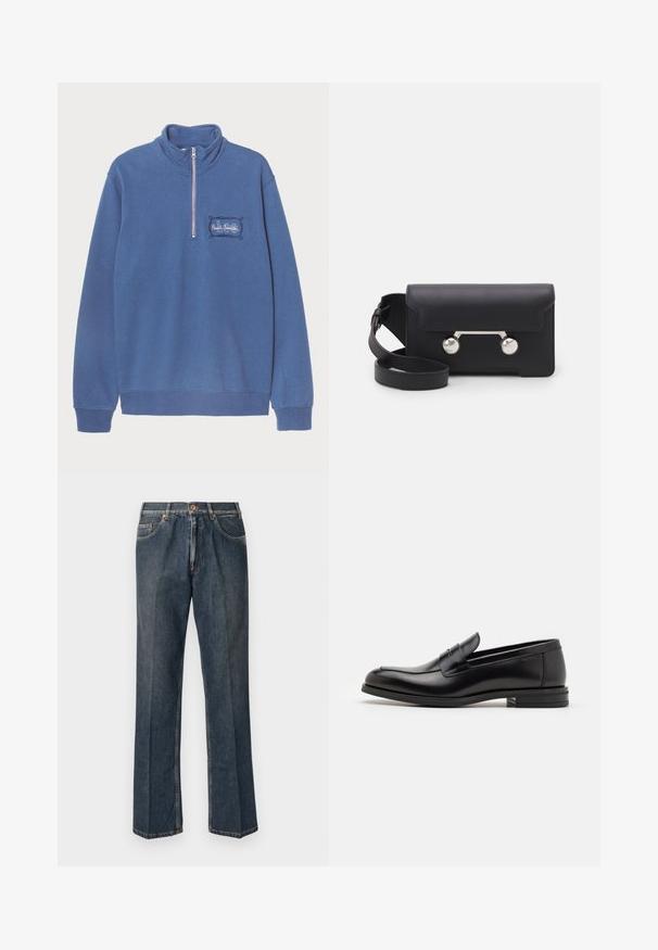Sweatshirt azul com colarinho alto e fecho de meio zip. Detalhe de logotipo bordado no lado esquerdo do peito e punhos e bainha canelados. Tecido macio em mistura de algodão.; Jeans de ganga de perna reta azul escuro com botão à frente, fecho de correr, dois bolsos frontais e vinco vertical visível ao longo das pernas.; Mocassins de couro preto com uma textura suave, bico arredondado e uma faixa decorativa sobre o peito do pé. Salto baixo e empilhado, design minimalista.; Saco transversal em pele preta com fecho de aba, ferragens em tom prateado e dois acentos redondos. Apresenta uma alça destacável. Textura suave.