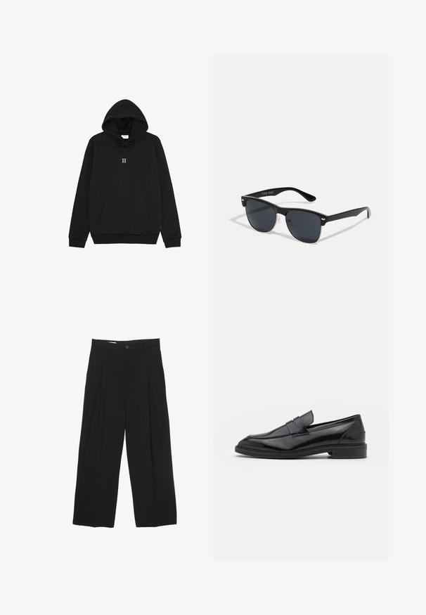 Fekete kapucnis pulóver puha anyagból, állítható kapucnival, elülső kenguruzsebbel és egy kis "II" grafikával a mellkason.; Fekete, bő szárú nadrág sima anyagból, lapos derékpánttal, elülső redőkkel és egy gombos záródással.; Fekete bőrcipók sima felülettel, kerek orral és keskeny sávval a felsőrészen. Alacsony, rétegelt sarkú.; Fekete napszemüveg, téglalap alakú, sötét lencsékkel, ezüst részletekkel a szárakon, és matt felülettel a kereten.