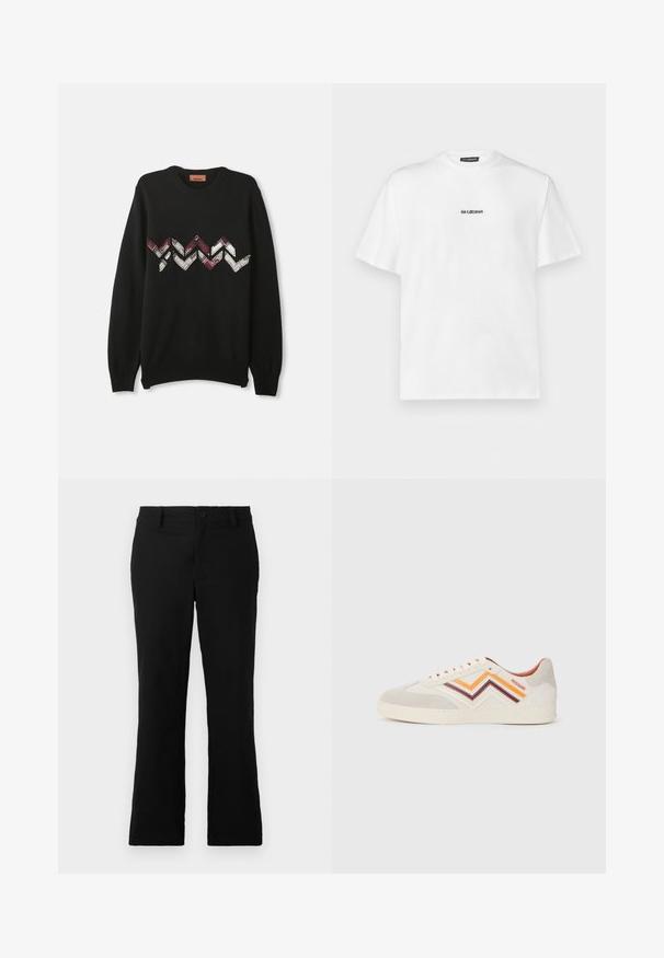 Pull noir à manches longues, col rond, avec un motif en zigzag rouge, blanc et beige sur la poitrine, fabriqué à partir d'un matériau doux.; T-shirt blanc à manches courtes en coton, avec un petit logo en texte noir centré sur la poitrine. Design classique à col rond.; Pantalons évasés noirs en tissu mélangé coton, dotés d'une fermeture à bouton, de passants de ceinture et d'une texture lisse sans motifs visibles.; Baskets en daim gris clair avec des rayures en zigzag orange, bordeaux et crème. Semelle en caoutchouc, bout rond et laçage avec œillets. Logo sur le côté.