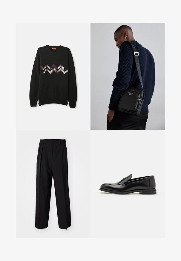 Fekete pulóver hosszú ujjal, kerek nyakkal, piros, fehér és bézs cikkcakk mintával a mellrészen, puha anyagból készült.; Fekete, pliszírozott nadrág, egyenes, széles lábakkal. Sima anyagból készült, gombos záródással és övhurkokkal rendelkezik.; Fekete bőr loaferek sima textúrával, kerek orral és dekoratív pánttal a vampnál. Alacsony, rétegelt sarkú, minimalista dizájn.; Fekete bőr keresztpántos táska cipzáras rekesszel, logó részlettel és márkázott állítható pánttal. Egy texturált tengerészkék pulóver mellett viselve.