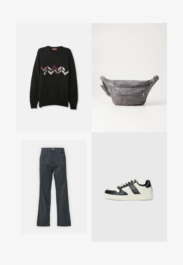 Sweater preto com mangas longas, gola redonda, apresentando um padrão em zigzag em vermelho, branco e bege pela zona do peito, feito de material suave.; Calças pretas com corte reto, feitas de um tecido em mistura de algodão. Apresenta um fecho com botão metálico e bolsos laterais. Sem padrões visíveis.; Ténis de couro com um esquema de cores em preto e creme, apresentando detalhes perfurados, um colarinho acolchoado e uma sola texturizada.; Pochete cinza em camurça com forma arredondada, dois compartimentos com fecho éclair e alça ajustável. Apresenta detalhes em metal.
