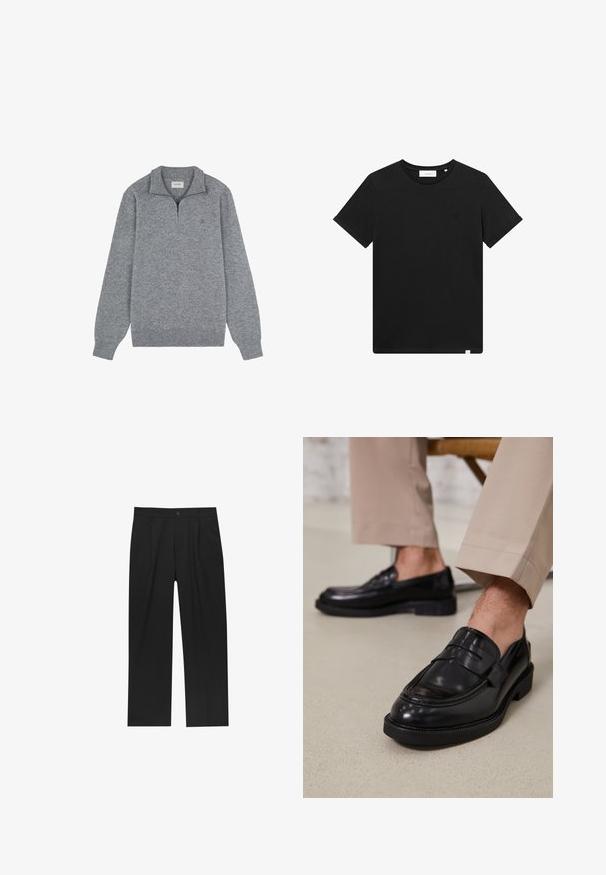 Sweatshirt gris avec un col montant zippé, fabriqué en matière tricotée douce. Il présente des manches longues et un logo subtil sur la poitrine.; T-shirt noir à manches courtes en coton, avec un col rond et un petit logo brodé sur la poitrine. Texture lisse, coupe standard.; Pantalons noirs au design droit, fabriqués à partir d'un tissu lisse. Dotés de plis sur le devant et d'une fermeture à un bouton à la taille.; Mocassins en cuir noir avec une finition lisse, ornés d'une sangle décorative et de coutures contrastées, associés à un pantalon beige.