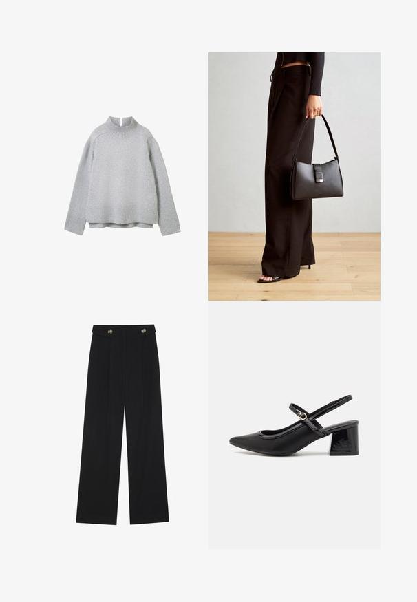 Világosszürke pulóver, magas nyakkal, bordás mandzsettákkal és aljjal. Puha textúrájú, laza fazonú, finom kötött mintával az egész anyagon.; Fekete, bő szárú nadrág magas derékkal, gombos részletekkel a derékrészen és elülső pliszékkal.; Fekete lakk bőr, pántos magassarkú cipő, hegyes orral, lekerekített kivágással és tömbsarkal. Arany színű csat díszíti.; Fekete kézi táska strukturált formával, sima textúrával és fémből készült záródással. Széles fekete nadrággal és nyitott orrú szandállal párosítva, fából készült padlón.