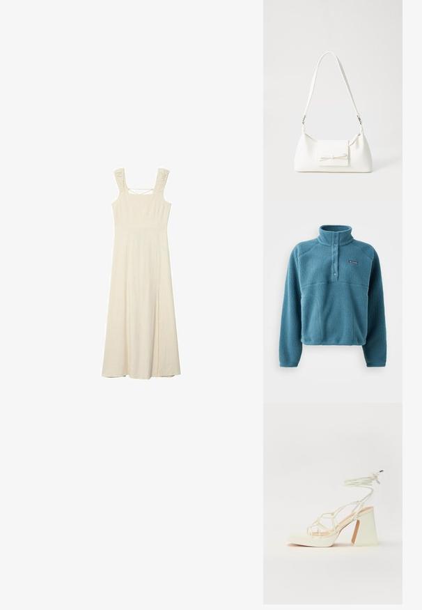 Tyrkysový fleece pulóver s vysokým golierom, zapínaním na gombíky a textúrovaným povrchom. Má vystúpený šev na hrudi a malý logo nášivku.; Bezramenné maxi šaty v krémovej farbe s priliehavým korzetom, textúrovanými popruhmi a bočným rozparkom pre pohodlie pri pohybe. Mäkko, ľahké látku.; Biele sandále na vysokom opätku s hrubým podpätkom, s pruhovaným dizajnom a viazaním na členku. Hladký povrch s platformou vpredu pre zvýšenú výšku.; Biela syntetická kabelka s trojuholníkovým tvarom, plochým predným klapkou a detailom mašle, nastaviteľným popruhom, hladkou textúrou a minimalistickým dizajnom.