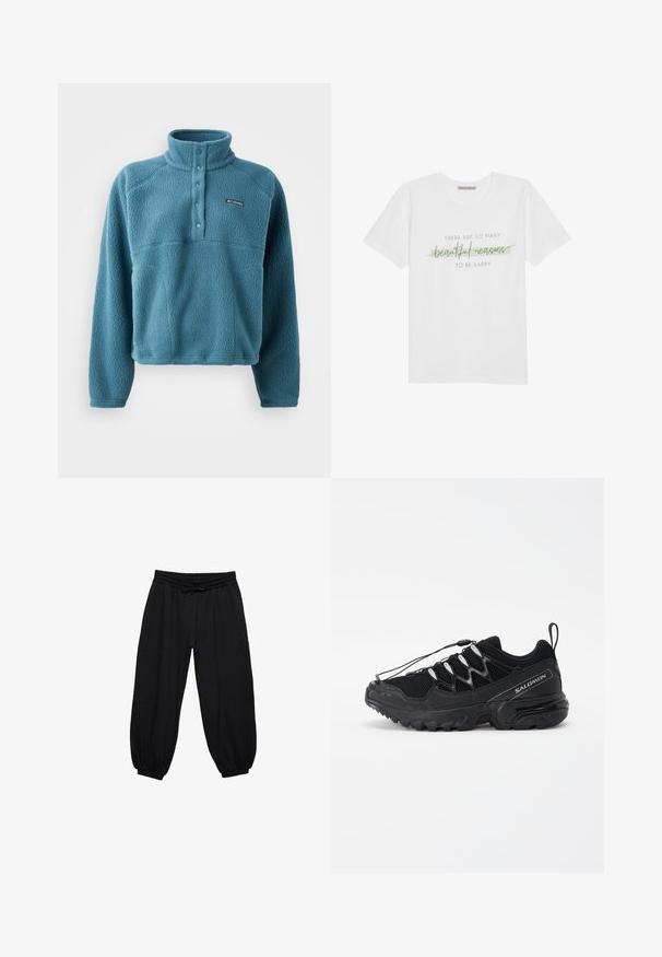 Türkisfarbener Fleece-Pullover mit hohem Kragen, Knopfblende und strukturiertem Finish. Er hat eine erhobene Brustnaht und ein kleines Logopatch.; Weißes Baumwoll-T-Shirt mit kurzen Ärmeln und rundem Ausschnitt, mit bedrucktem Text in Schwarz und Grün: "Es gibt so viele schöne Gründe, glücklich zu sein."; Schwarze Sweatpants mit einem zerknitterten elastischen Bund, verstellbarem Kordelzug, gerafften Bündchen und zwei vordere Taschen. Weicher, strukturierter Stoff.; Schwarze Laufschuhe mit Mesh-Obermaterial, reflektierenden Akzenten und elastischen Schnürsenkeln. Verfügt über eine robuste Sohle mit Traktionsmustern für Stabilität.