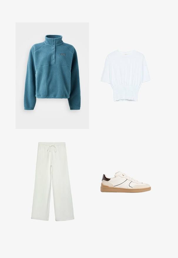 Teal fleece pullover med høj krave, knaplukning og tekstureret finish. Har en hævet brystnaht og et lille logo patch.; Hvid kortærmet T-shirt med afslappet pasform og smocked tekstur ved taljen. Lavet af blødt, letvægtsstof.; Hvide bukser med bred ejer lavet af blødt stof. Har en elastisk talje med snor og en glat tekstur. Ingen synlige mønstre eller hardware.; Stradivarius Sneakers - white