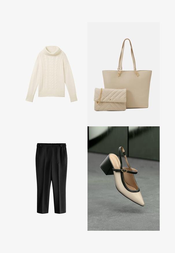 TOM TAILOR MIT ROLLKRAGEN UND STRUKTUR - Maglione - beige; Pantaloni neri a culotte con una vestibilità rilassata, vita elastica e due tasche frontali. Il tessuto ha una texture liscia con una finitura leggermente lucida.; Scarpa beige con punta a stivale, con rifiniture nere, fibbia dorata e tacco a blocco spesso su un pavimento grigio con sfondo verde scuro.; Borsa tote beige con manici piatti, texture liscia e hardware dorato, abbinata a una pochette trapuntata coordinata con tracolla a catena.