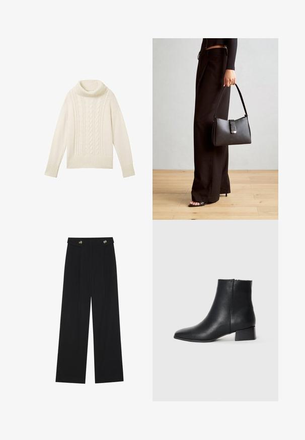 TOM TAILOR MIT ROLLKRAGEN UND STRUKTUR - Jumper - beige; Black wide-leg trousers with high waist, button details on waistband, and front pleats.; Black leather ankle boot with a pointed toe and a low block heel, featuring a smooth texture and minimalistic design.; Black handbag with structured shape, smooth texture, and a metallic clasp. Paired with wide black pants and open-toe sandals on wooden floor.