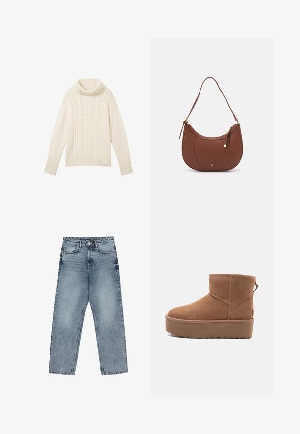 TOM TAILOR MIT ROLLKRAGEN UND STRUKTUR - Pulover - beige; Svijetloplave traperice s ravnim krojem, vidljivim šavovima, dizajnom od pet džepova i kopčanjem na gumbu u struku.; Bela antilopova gležnjača s platformom, okruglim vrhom i dekorativnim šavovima; ima uvučenu petlju straga za lakše oblačenje.; Rjava usnjena torbica z ramenskim ročajem, ukrivljene oblike, minimalnim šivom in zlato-tonirano kovinsko dekoracijo. Ima zgornje zapiranje na zadrgo in nastavljiv trak.