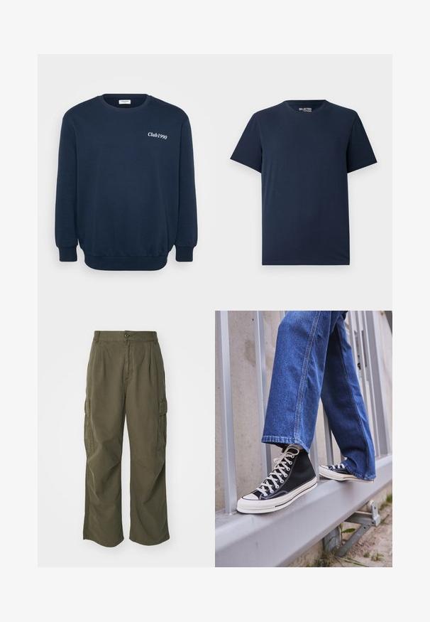 Navy blue sweatshirt with long sleeves, round neck, and ribbed cuffs. Features "Club1990" logo in white embroidery on the chest.; Navy blue cotton T-shirt with a round neckline and short sleeves. Features a simple design with no patterns or embellishments.; Cargo pants in olive green, made of cotton, with a wide leg design, pleats, and side pockets for utility.; Black high-top sneakers with white sole and laces, paired with loose blue denim jeans, resting on a gray railing.
