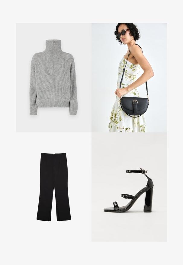 Grau gestrickter Pullover mit hohem Kragen und Reißverschlussdetails. Strukturiertes Muster, gerippte Bündchen und Saum. Minimalistisches Design, lockere Passform.; Schwarze Hose mit geradem Schnitt, ausgestattet mit Fronttaschen und Seitenschlitzen am Saum. Hergestellt aus weichem, glattem Stoff. Geeignet für verschiedene Anlässe.; Schwarze patentierte Sandalen mit Absatz, quadratischer Spitze, Knöchelriemen und silbernen Schnallen. Mit einem stabilen Blockabsatz für mehr Stabilität.; Schwarze Lederhandtasche mit geschwungener Form, abnehmbarem Tragegurt und goldenen Beschlägen. Die Tasche verfügt über einen Deckel mit einer Schnallen-Details.