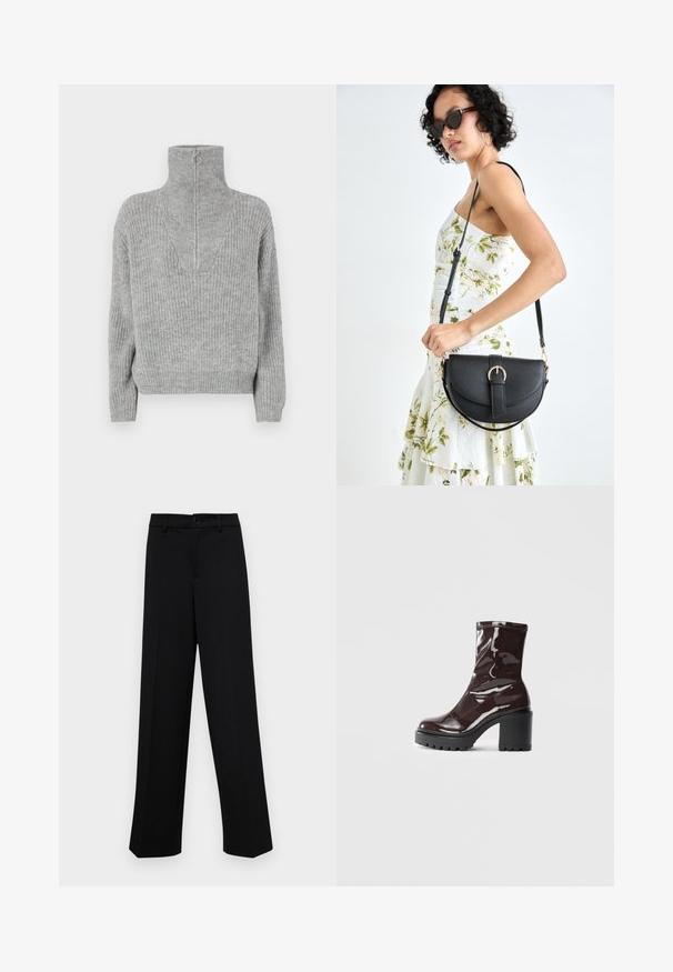 Pull en tricot gris avec col montant et détail de fermeture éclair. Motif texturé, bords-côtes aux poignets et à l'ourlet. Design minimaliste, coupe décontractée.; Pantalons larges noirs en tissu lisse, avec une taille classique à fermeture à bouton et des plis sur le devant.; Bottines bordeaux brillantes à talon épais noir, avec une texture lisse et un design simple. Aucune fermeture visible ni motifs.; Sac à main en cuir noir avec une forme courbée, bandoulière amovible et des accessoires en or. Le sac est doté d'un rabat avec un détail de boucle.