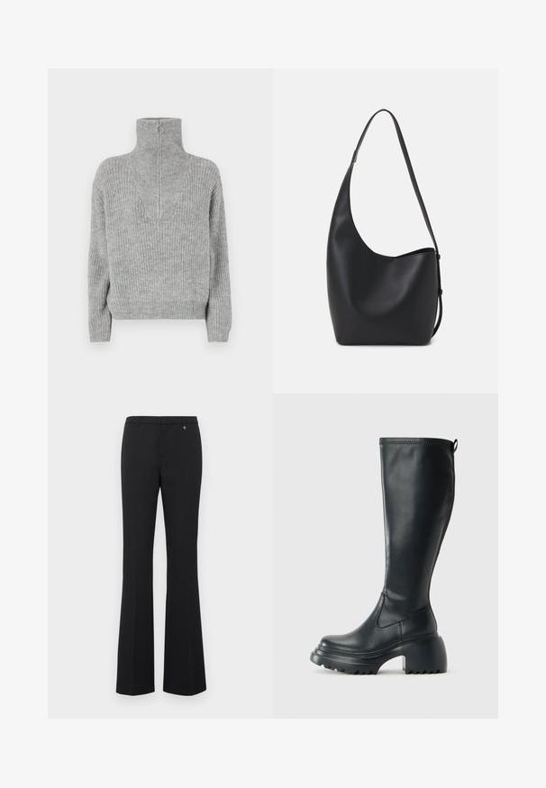Maglione grigio lavorato a maglia con colletto alto e dettaglio con zip. Motivo testurizzato, polsini a coste e orlo. Design minimalista, vestibilità rilassata.; Pantaloni neri a zampa d'elefante realizzati in tessuto morbido. Vita media con passanti per cintura, parte anteriore liscia e un piccolo dettaglio dorato vicino alla vita.; Stivale lungo in pelle nera con suola piatta robusta e tacco a blocco, dotato di linguetta e battistrada testurizzato sulla suola.; Borsa hobo nera in pelle con una superficie liscia, forma curvata e una singola tracolla regolabile; presenta un'ampia apertura nella parte superiore.