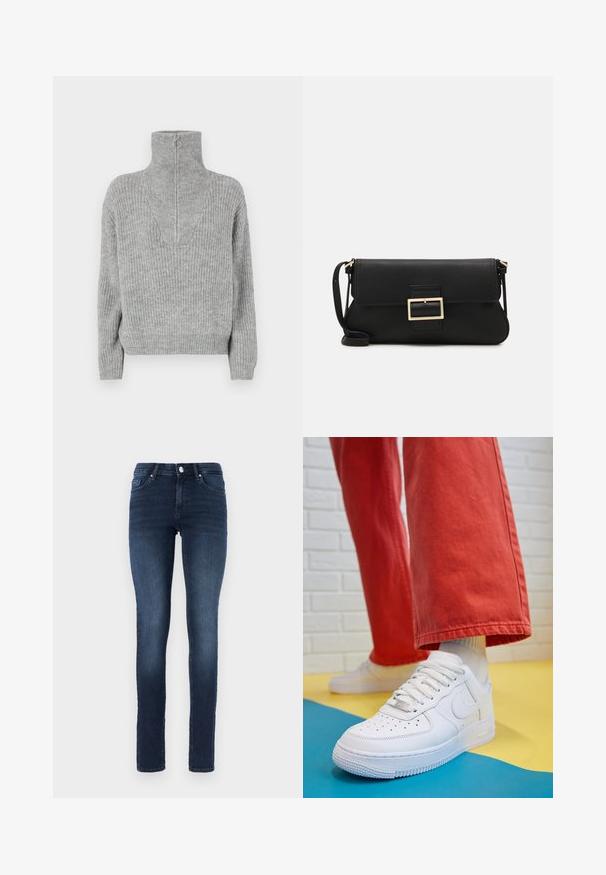 Suéter de punto gris con un alto cuello y detalle de cremallera. Patrón texturizado, puños y dobladillo acanalados. Diseño minimalista, corte relajado.; Jeans skinny azul oscuro de mezclilla, con un clásico diseño de cinco bolsillos, cierre de botón y un ligero desgaste en los muslos.; Zapatilla de cuero blanco con caja de dedos perforada, suela texturizada y cordones blancos, combinada con pantalones rojos amplios y un fondo azul y amarillo.; Bolso de mano de cuero negro con una solapa y un detalle de hebilla de metal dorado. Incluye una correa negra y un diseño elegante y minimalista.; Pendientes de aro de plata con diseño retorcido, que presentan un acabado pulido y cierre de presión. Miden aproximadamente 3 cm de diámetro.