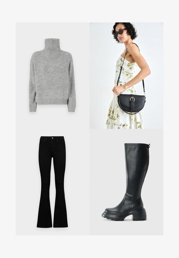 Szürke kötött pulóver magas gallérral és cipzáras díszítőelemmel. Texturált minta, bordázott mandzsetta és szegély. Minimalista dizájn, laza fazon.; Fekete, magas derekú farmernadrág gomb- és cipzárzárral, elülső zsebekkel és harangszárral, laposan egy fehér háttérre terítve.; Magas fekete bőrcipő, vastag platform talppal és blokk sarokkal, húzófüllel és texturált profillal az outsole-on.; Fekete bőrtáska ívelt formával, levehető pánttal és arany színű fémrészekkel. A táskán egy csattal díszített fedél található.