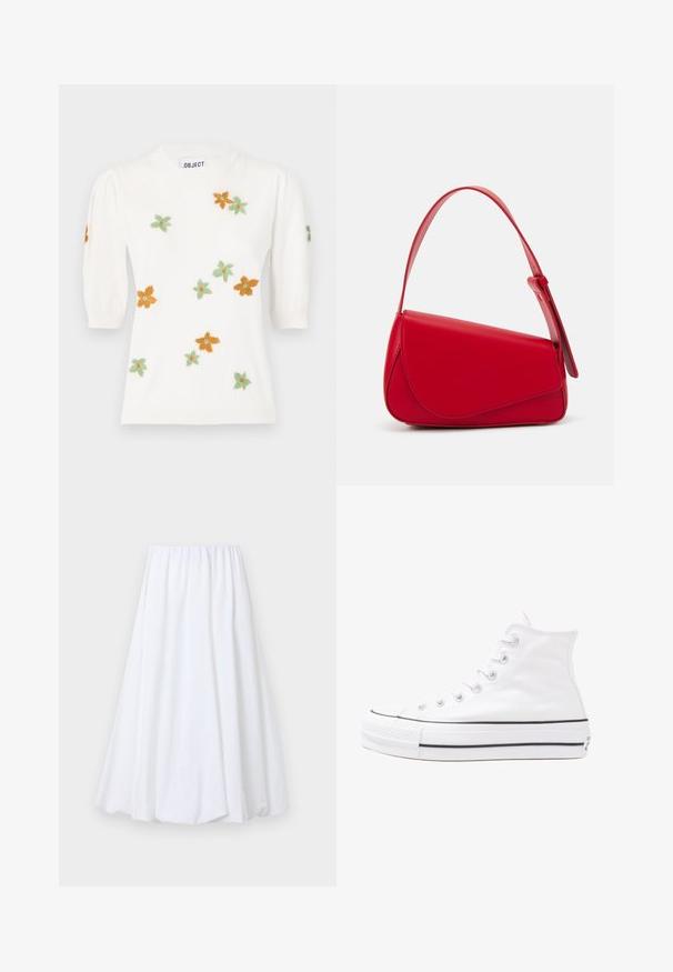 Hvid pullover-sweater med korte pufærmer, prydet med blomsterbroderi i orange, grøn og gul. Klassisk rund halsudskæring og ribbet kant.; Hvid ankel-længde nederdel med en elastisk talje, lavet af letvægtigt stof med en glat tekstur og en svævende silhuet.; Hvide høje kanvas sneakers med sort gummisål, gummitåhætte foran og seks øjehuller til snørebånd, der har et rent, minimalistisk design.; Rød læderhåndtaske med et kantet, geometrisk design. Har en enkelt justerbar rem og en klaplukning med syede detaljer.