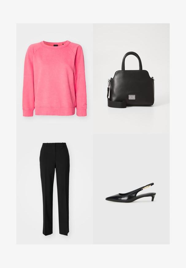 Rózsaszín pulóver laza szabással, kerek nyakkal és bordázott mandzsettákkal. Puha tapintású, mosott hatású, az alsó ujjon diszkrét márkázással.; Fekete, testhezálló nadrág egyenes szárú kivitelben, sima textúrával és éles redőkkel az elején. Nincs látható fémalkatrész.; Fekete bőr slingback magassarkúk, hegyes orral, vékony sarkakkal és arany színű részlettel a állítható pánton. Simа felület.; Fekete szintetikus kézitáska, felső fogantyúkkal, levehető vállpánttal, kerek formával, sima textúrával és ezüst logóval az elején.
