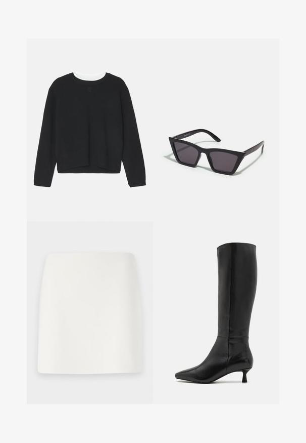 Felpa nera con maniche lunghe, scollatura a girocollo e orlo leggermente accorciato. Realizzata in un tessuto morbido, presenta un discreto dettaglio del logo sul davanti.; Mini gonna bianca, aderente, con una texture liscia e linee pulite. Nessun motivo visibile o accessori. Orlo dritto sul fondo.; Zign Stivali alti - black; Occhiali da sole neri e angolari con lenti grigie; realizzati in plastica, con aste spesse dalla superficie liscia e senza hardware visibile.; Borsa a pochette nera in suede con chiusura a zip e tracolla rimovibile. Presenta hardware in tonalità oro e una texture liscia e opaca.