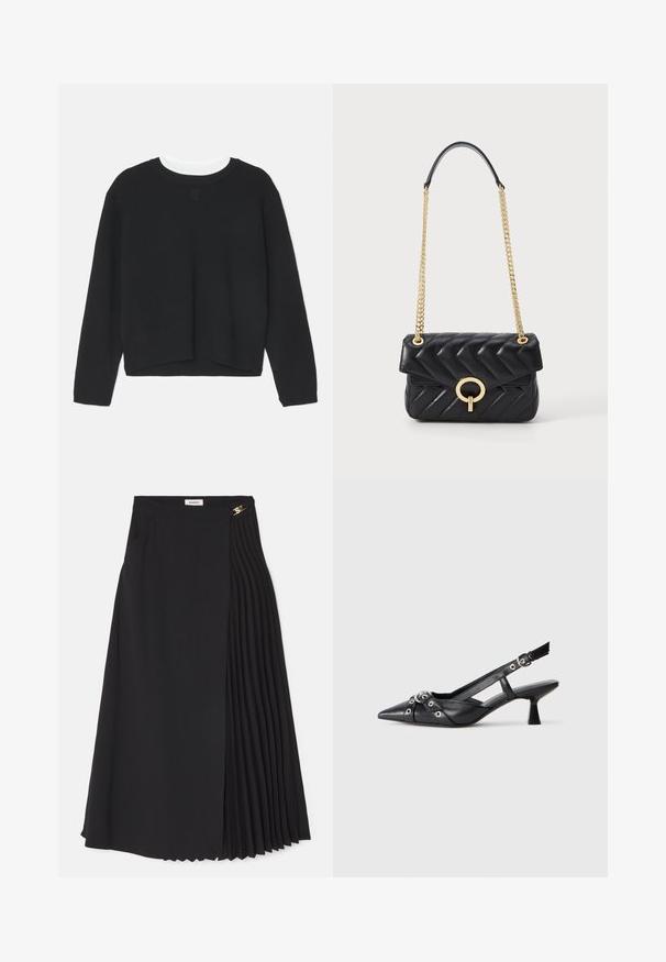 Sudadera negra de manga larga, con cuello redondo y un dobladillo ligeramente corto. Está hecha de un tejido suave y presenta un sutil detalle de logo en la parte delantera.; Falda midi negra con un diseño plisado en un lado, elaborada en una tela ligera con cremallera oculta y bolsillos laterales.; Zapato de slingback negro de piel con punta afilada, correas decorativas con ojales de metal y un tacón bajo y ancho. Superficie texturizada.; Bolso de mano de cuero negro acolchado con cadena de metal dorada, que presenta un cierre de hardware redondeado en dorado y un cierre tipo solapa. Forma rectangular compacta.