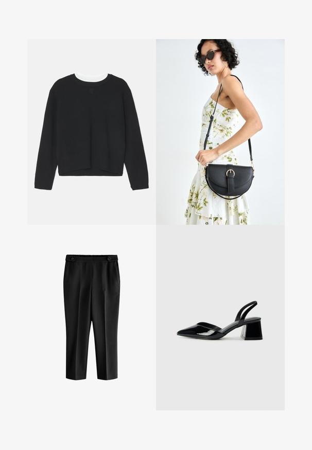 Crna dukserica dugih rukava, okruglog vrata i blago skraćenog donjeg rubа. Izrađena od mekanog materijala, s diskretnim logotipom na prednjoj strani.; Crne skraćene hlače s opuštenim krojem, elastičnom waistbandom i dva prednja džepa. Tkanina ima glatku teksturu sa blago sjajnim završetkom.; Crne lakirane kožne sandale s otvorenom petom i špicastim vrhom, s geometrijskom blok petom. Imaju elegantan, minimalistički dizajn i glatku teksturu.; Crna kožna torba s lukovitim oblikom, odvojivim remenom i zlatnim detaljima. Torba ima preklop s kopčom.