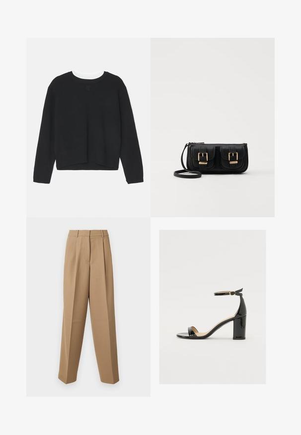 Pull noir à manches longues, col rond et ourlet légèrement court. Fabriqué en tissu doux, avec un détail de logo subtil sur le devant.; Pantalons beige ajustés avec une taille haute, une devant plissé et une coupe évasée. Le tissu semble lisse avec un léger éclat.; Sandale en cuir verni noir avec un large talon, orteils ouverts et une bride de cheville ornée d'une boucle en or. Texture lisse et design épuré.; Sac en cuir noir porté en travers avec deux poches avant, boucles dorées, fermeture zippée et une sangle fine. Surface texturée et forme rectangulaire compacte.