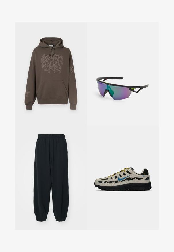 Hnědá mikina s kapucí a klokáním kapsou, vyšitým grafickým motivem na přední straně a pravém rukávu, a šňůrkami u krku.; Černé teplákové kalhoty s elastickým pasem, volným střihem, manžetami na kotnících, hladkým povrchem a bez viditelných vzorů či kovových detailů.; Béžové a černé tenisky Nike P-6000 s modrým logem swoosh, žlutými tkaničkami, černou podrážkou a štítkem z Cordura tkaniny na patě.; Sportovní sluneční brýle s černým rámem, velkým gradientním sklem s fialovými a zelenými odstíny a hranatými designovými akcenty s detailem loga.