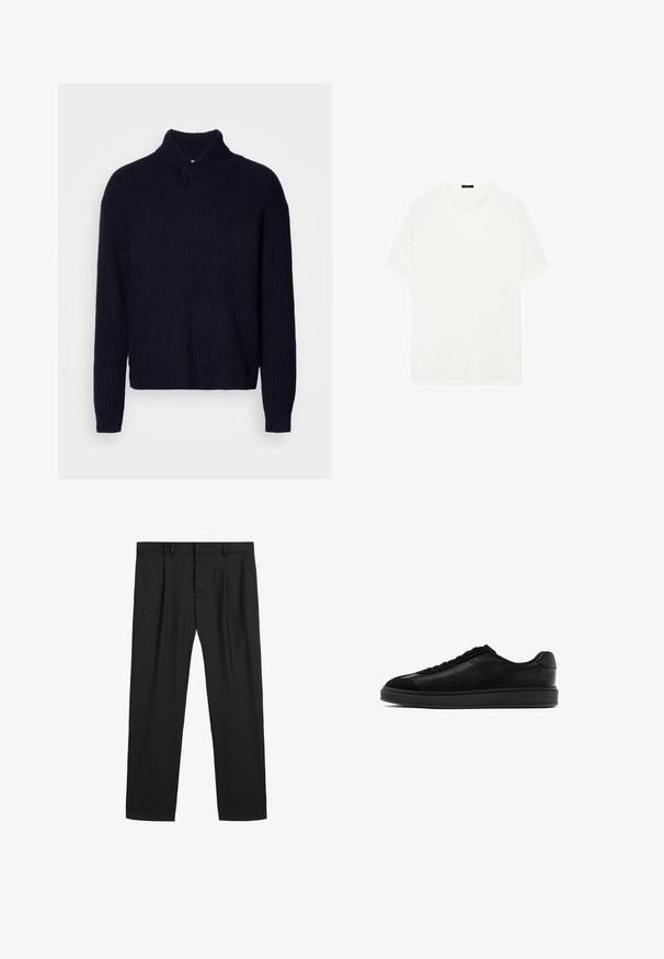 Filippa K SHAWL COLLAR - Strickpullover - navy; Weißes T-Shirt mit kurzen Ärmeln aus weichem Stoff. Es hat einen klassischen Rundhalsausschnitt und eine gerade Schnittführung, ohne sichtbare Muster oder Akzente.; Schwarze plissierte Hose aus einem glatten Stoff, mit einem traditionellen Bund und geradem Bein. Keine sichtbaren Muster oder Metallteile.; Schwarze Ledersneaker mit glatter Oberfläche, runder Zehenpartie, Schnürung vorne und einer kontrastierenden strukturierten Lasche. Dicke schwarze Gummisohle.