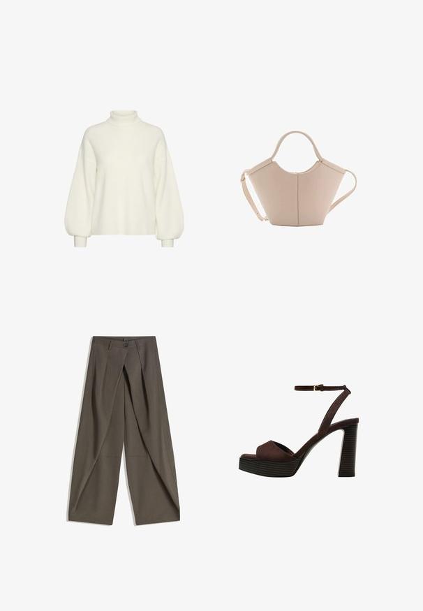 White knitted turtleneck sweater with long, voluminous sleeves and a relaxed fit. Textured pattern throughout with fitted cuffs.; Wide-leg trousers made of a textured, dark gray fabric. Features a front pleat, button closure, and side pockets for practicality.; Brown suede high-heeled sandal with an open toe, adjustable ankle strap, and a striped platform sole.; Beige leather handbag with a unique shape, featuring two short handles and a long adjustable strap. Smooth texture with minimal hardware.