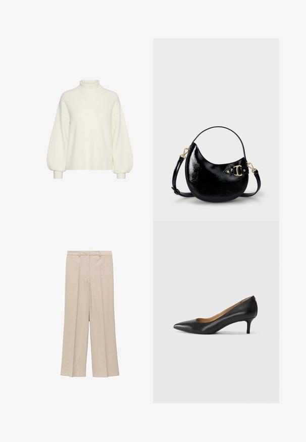 Pulover alb tricotat cu guler înalt, cu mâneci lungi și voluminoase, având o croială lejeră. Model texturat pe întreaga suprafață, cu manșete ajustate.; Pantaloni largi bej deschis, cu o textură fină, având un front plisat și buzunare laterale, precum și un design cu talie adaptată.; Pantofii din piele neagră au vârful ascuțit, toc mic și o textură netedă. Au o deschidere ușoară în față și un hardware minim în spate.; Geantă de mână din piele patent neagră, cu o formă curbă, curea ajustabilă și detalii din metal auriu pe lateral. Textură netedă și lucioasă.