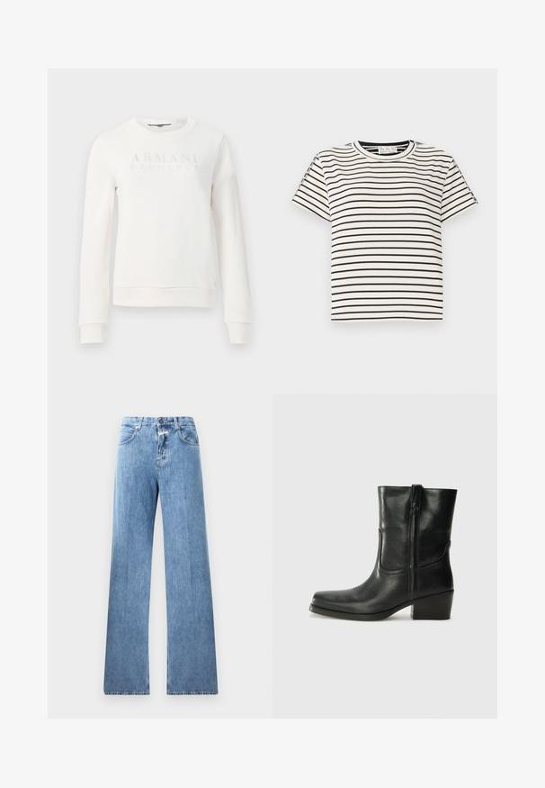 Baltas crewneck džemperis, kas izgatavots no mīkstas auduma, ar izvirzītu burta logotipu "ARMANI EXCHANGE" priekšpusē. Ribotie piedurkņu un apakšmalas gali.; Kokvilnas T-krekls īsām piedurknēm ar apaļu kakla izgriezumu, ar melnām vertikālām svītrām uz balta fona un taisnu griezumu.; Gaiši zili džinsi ar platām kājām, pieci kabatas, jostu cilpas un pogu aizdare. Audumam ir gluda tekstūra.; Melna ādas potīte ar noapaļotu purngalu, bloku papēdi, sānu rāvējslēdzēju un šuvju akcentiem uz virsmas. Gluda tekstūra, klasiskā dizaina.